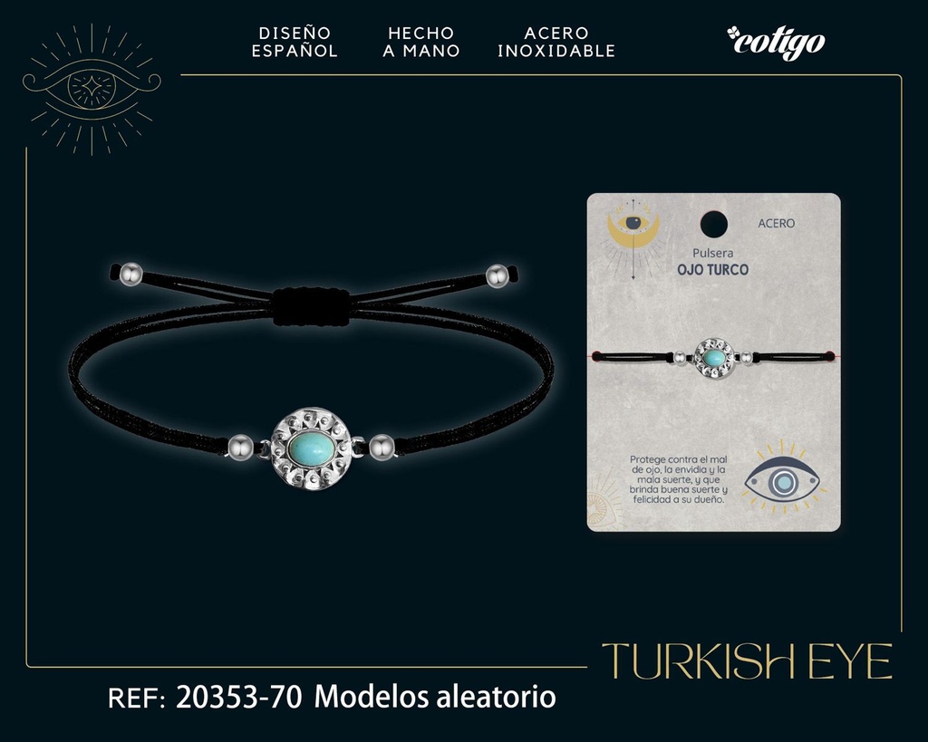 Pulsera de hilo encerado negro con Ojo Turco Plateado - Amuletos de suerte y protección