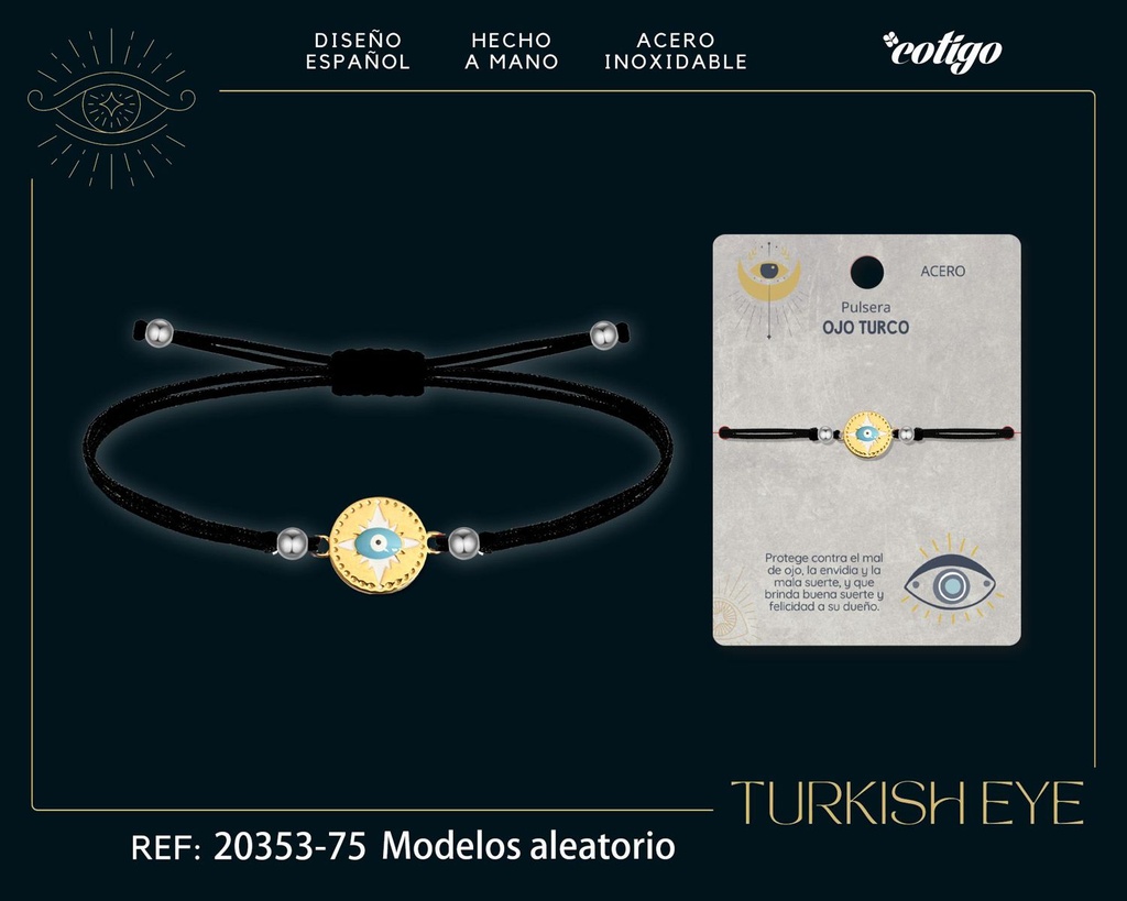 Pulsera de hilo encerado negro con Ojo Turco Dorado - Amuletos de suerte y protección