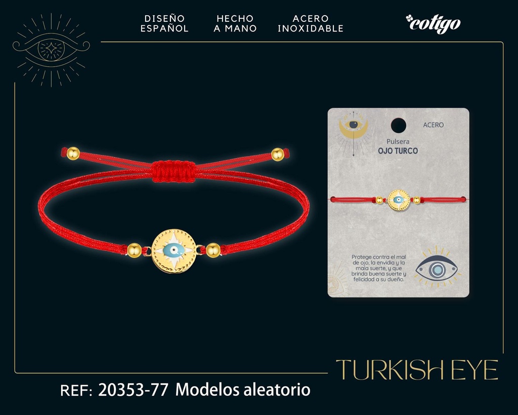 Pulsera de hilo encerado rojo con Ojo Turco Dorado - Amuletos de suerte y protección
