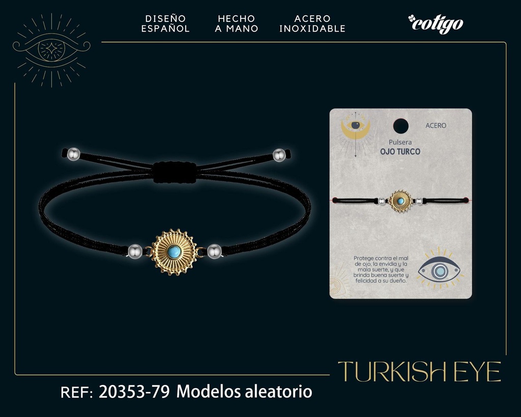 Pulsera de hilo encerado negro con Ojo Turco Dorado - Amuletos de suerte y protección
