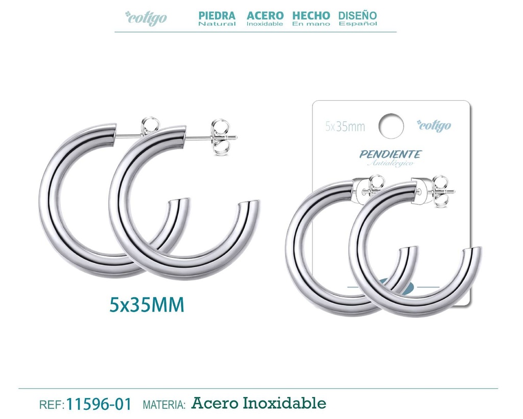 Aros de acero 5x35mm color acero - Joyería de aros