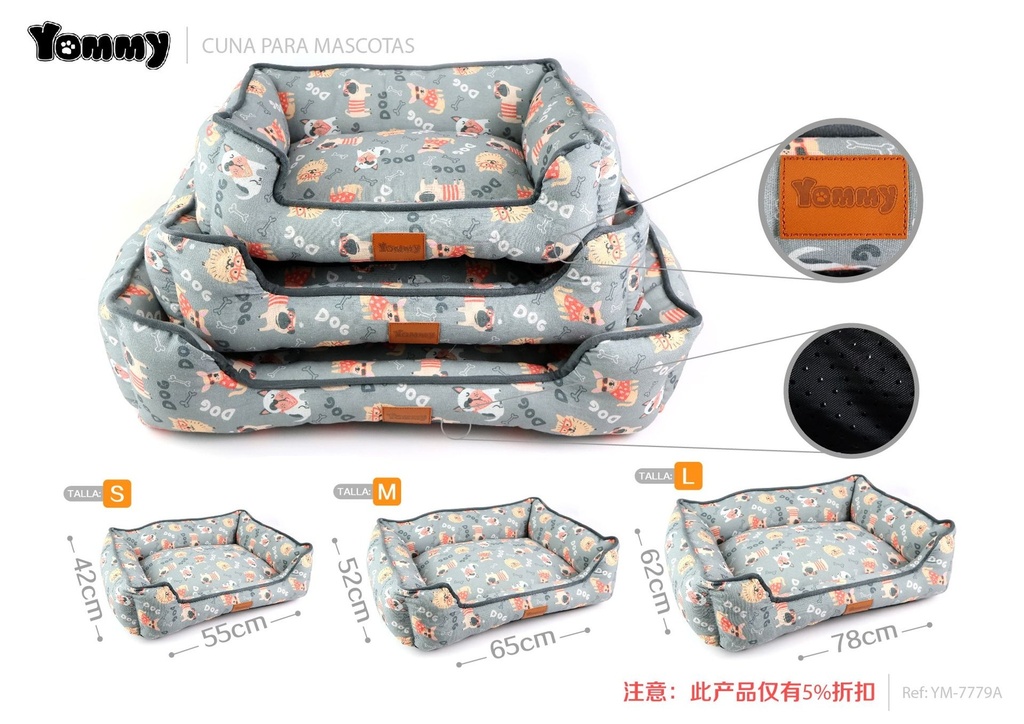 Cuna de perro (juego de 3 piezas) gris con estampado - Accesorios para mascotas