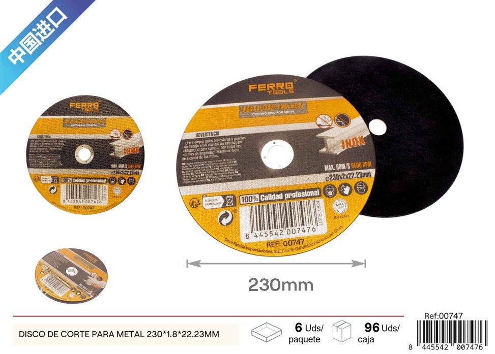 Disco de corte para metal inoxidable 230x1.8x22.23 mm - Accesorios de ferretería y corte