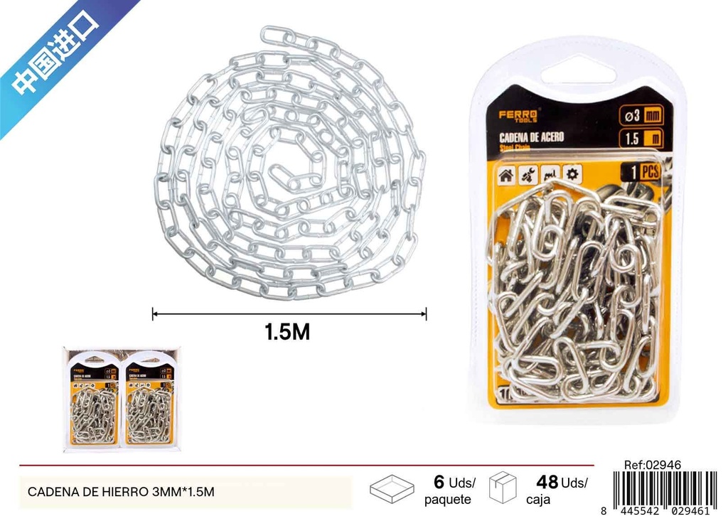 Cadena de hierro de 3mm x 1.5m - Accesorios de ferretería y soluciones de sujeción