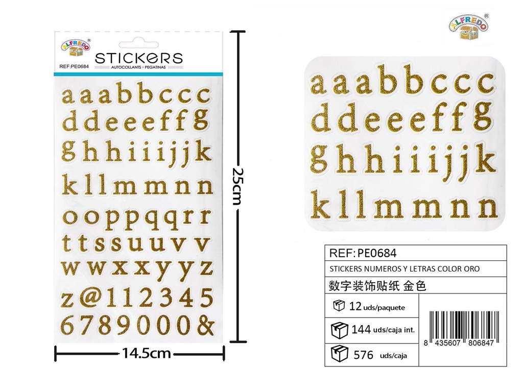 Stickers números y letras color oro 14,5 x 25 cm - Adhesivos decorativos y manualidades