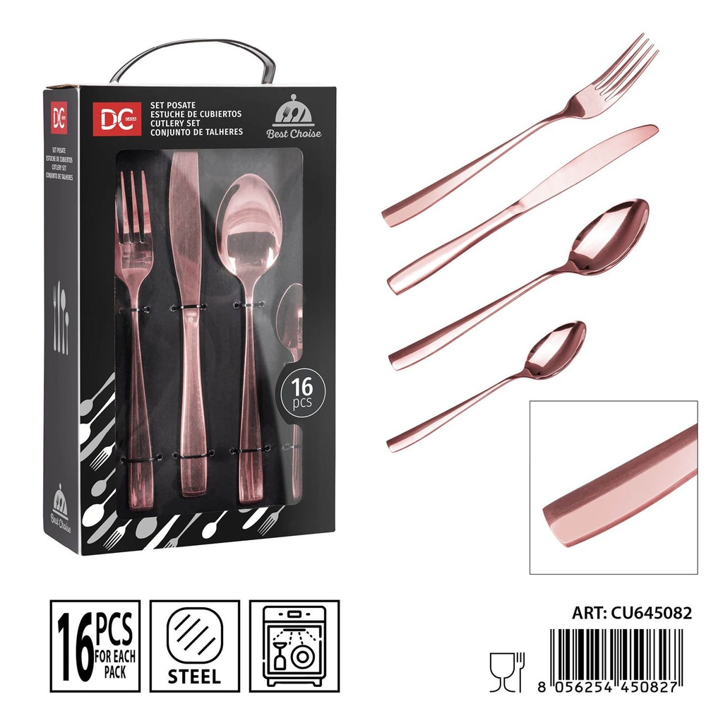 Juego de cubiertos de acero oro rosa brillante 16 piezas - Utensilios de mesa