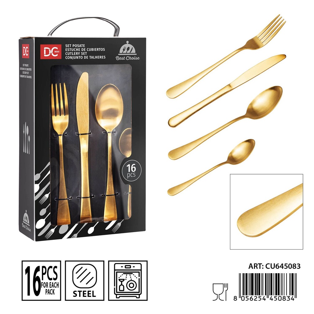 Juego de cubiertos de acero dorado mate 16 piezas - Utensilios de mesa