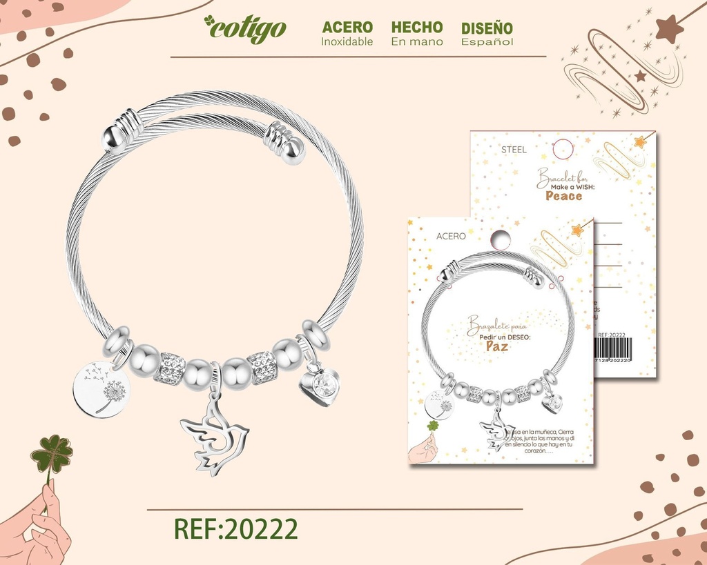 Brazalete con paloma en acero para deseos: paz - Accesorios de regalo