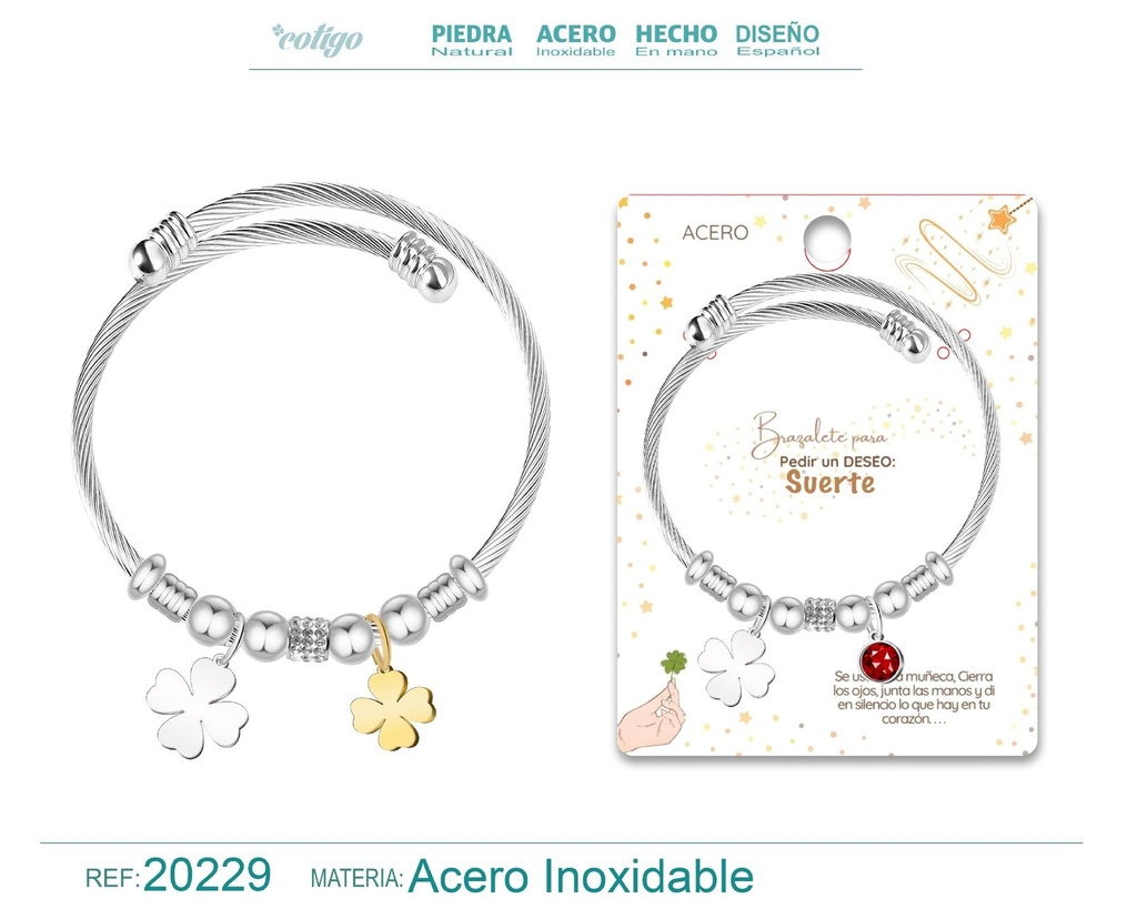 Brazalete con trébol de acero para deseo: Suerte - Joyería y accesorios