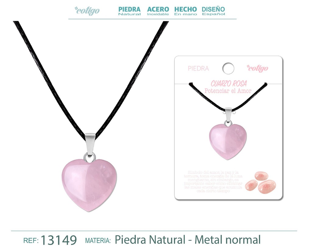 Colgante de corazón de piedra cuarzo rosa - Joyería de piedras naturales 
