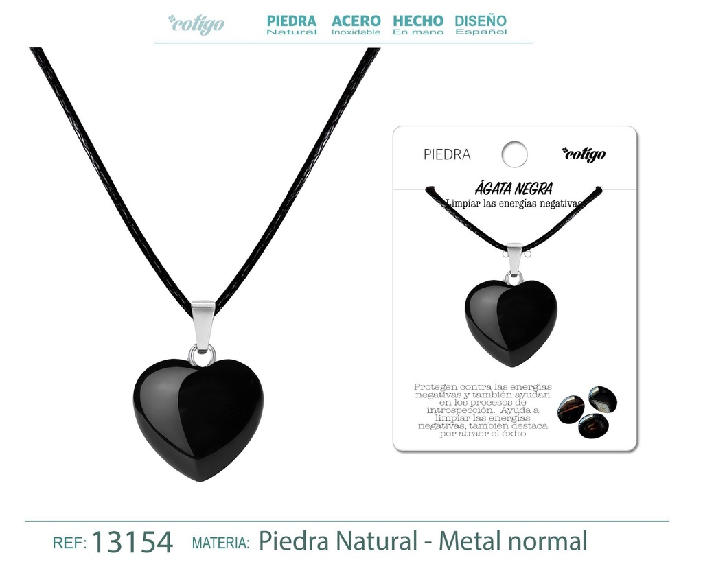 Colgante de corazón de piedra ágata negra - Joyería de piedras naturales 