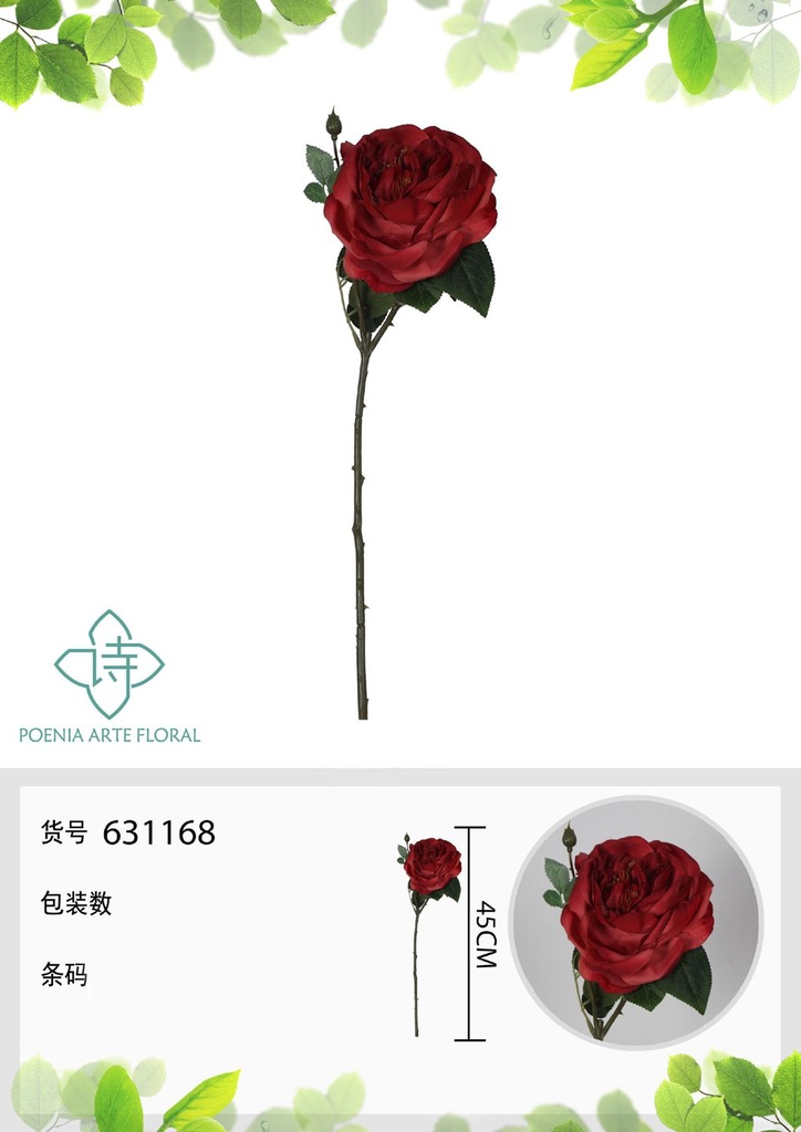 Rosa de té romana falsa de un solo tallo roja 45 cm - Decoración floral