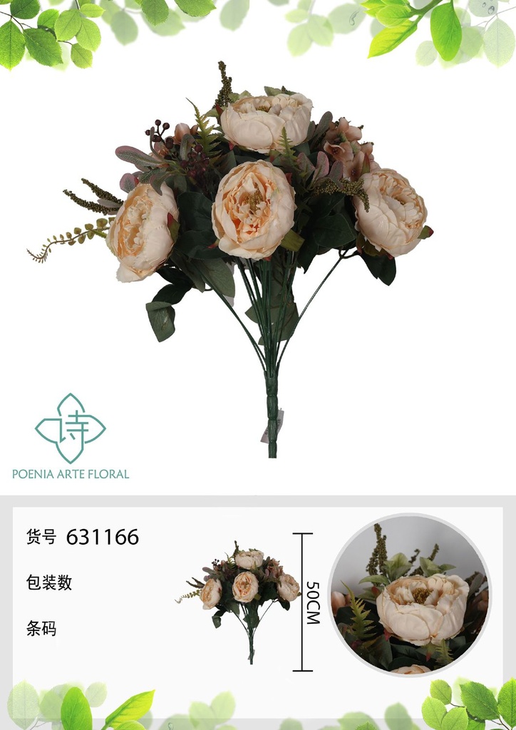Ramo de flores artificiales - 16 cabezas de peonía y hortensia 50 cm