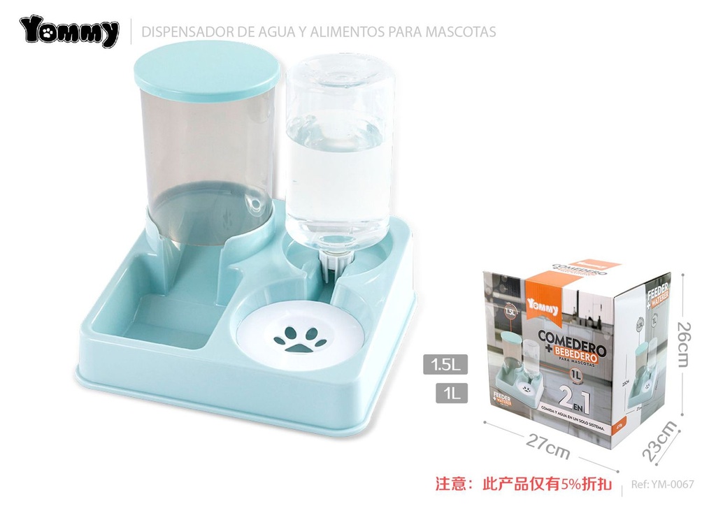 Dispensador de alimento y agua para mascotas azul claro 1L + 1.5L - Comederos y bebederos para mascotas