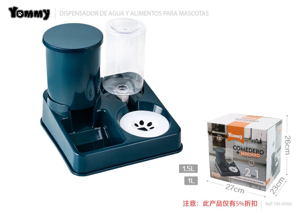 Dispensador de alimento y agua para mascotas azul oscuro 1L + 1.5L - Comederos y bebederos para mascotas