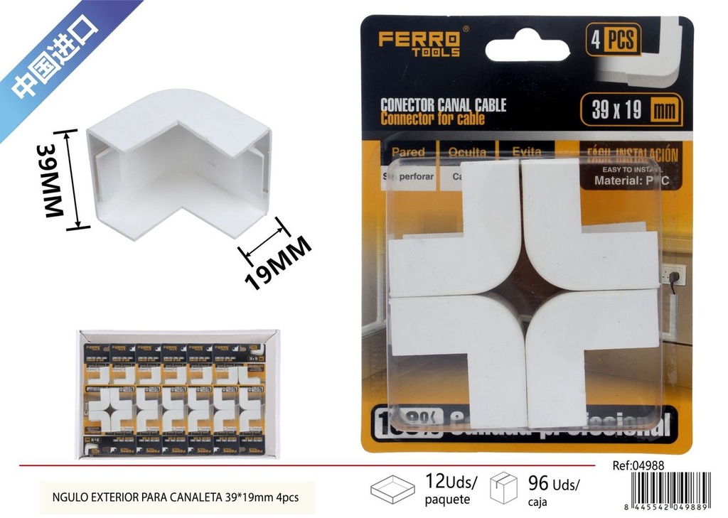 Ángulo exterior para canaleta PVC 39*19mm 4 piezas - Accesorios de instalación eléctrica