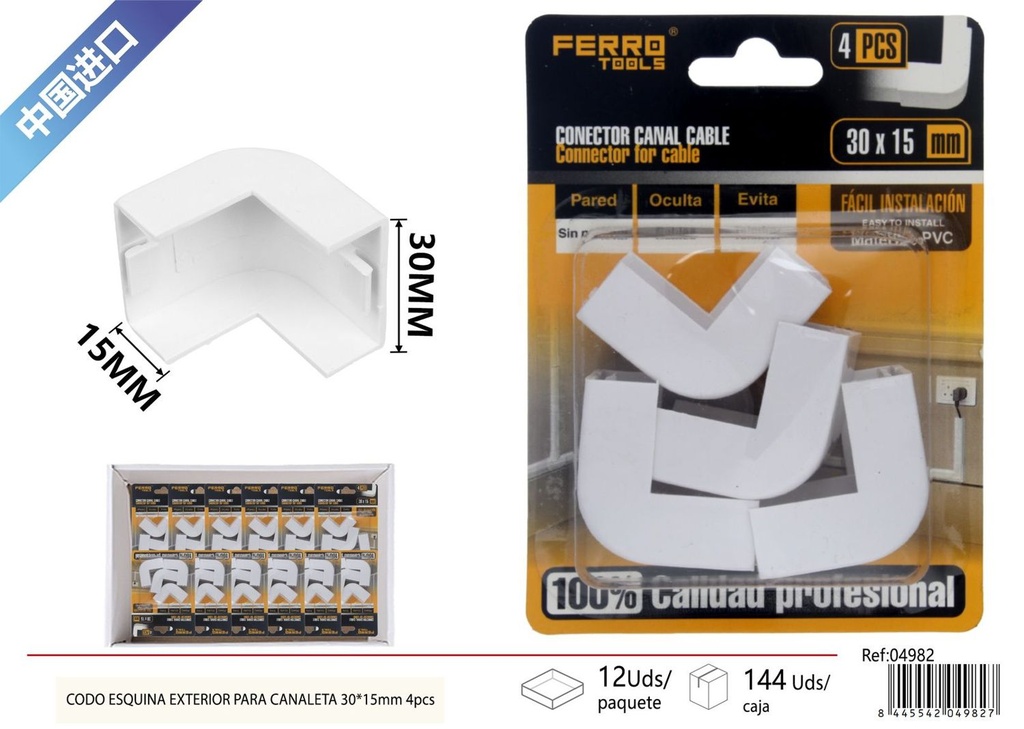 Ángulo exterior para canaleta PVC 30*15mm 4 piezas - Accesorios de instalación eléctrica