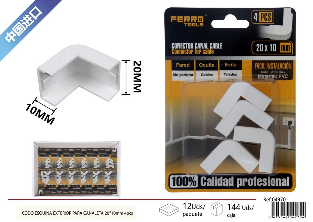 Ángulo exterior para canaleta PVC 20*10mm 4 piezas - Accesorios de instalación eléctrico