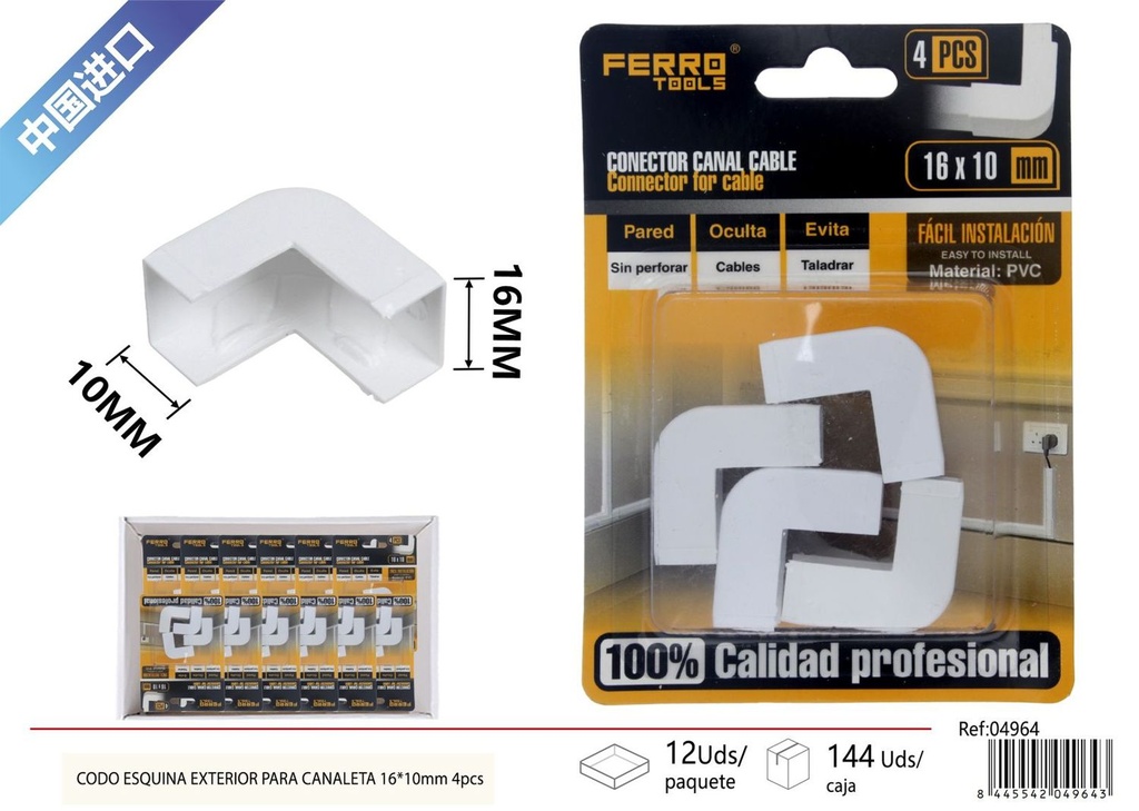 Ángulo exterior para canaleta PVC 16*10mm 4 piezas - Accesorios de instalación elétrico