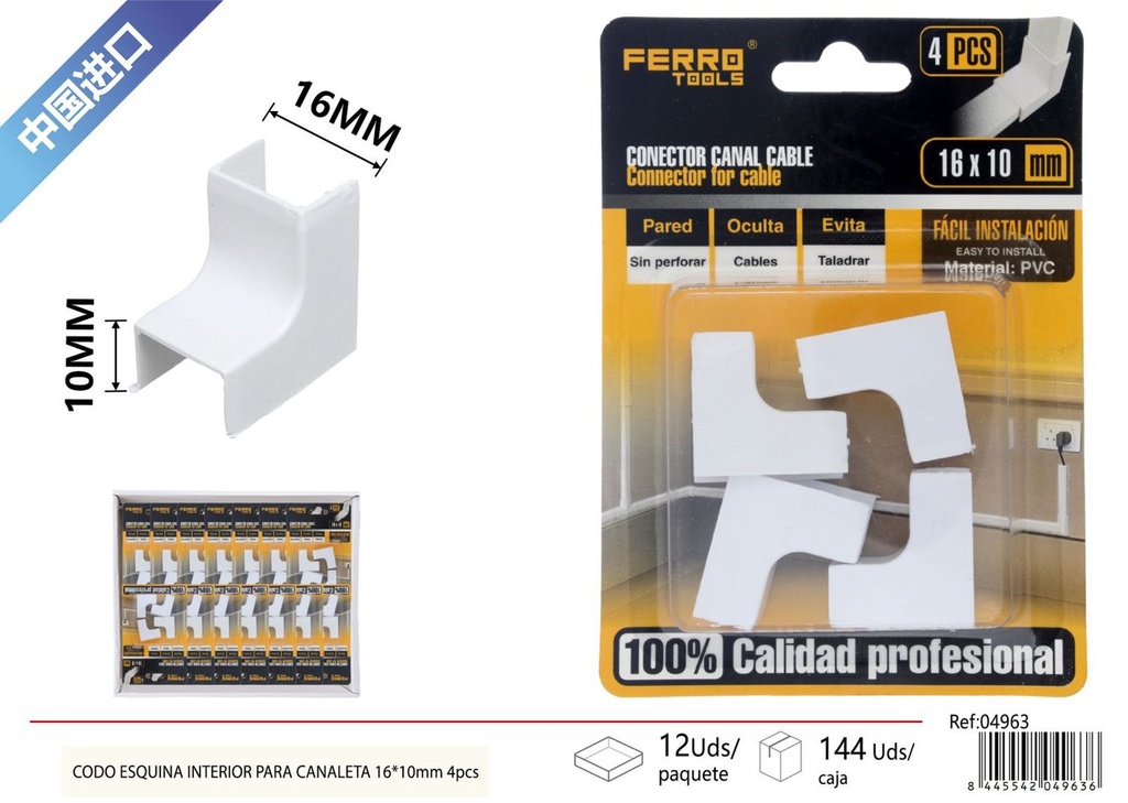 Ángulo interior para canaleta PVC 16*10mm 4 piezas - Accesorios de instalación eléctrco
