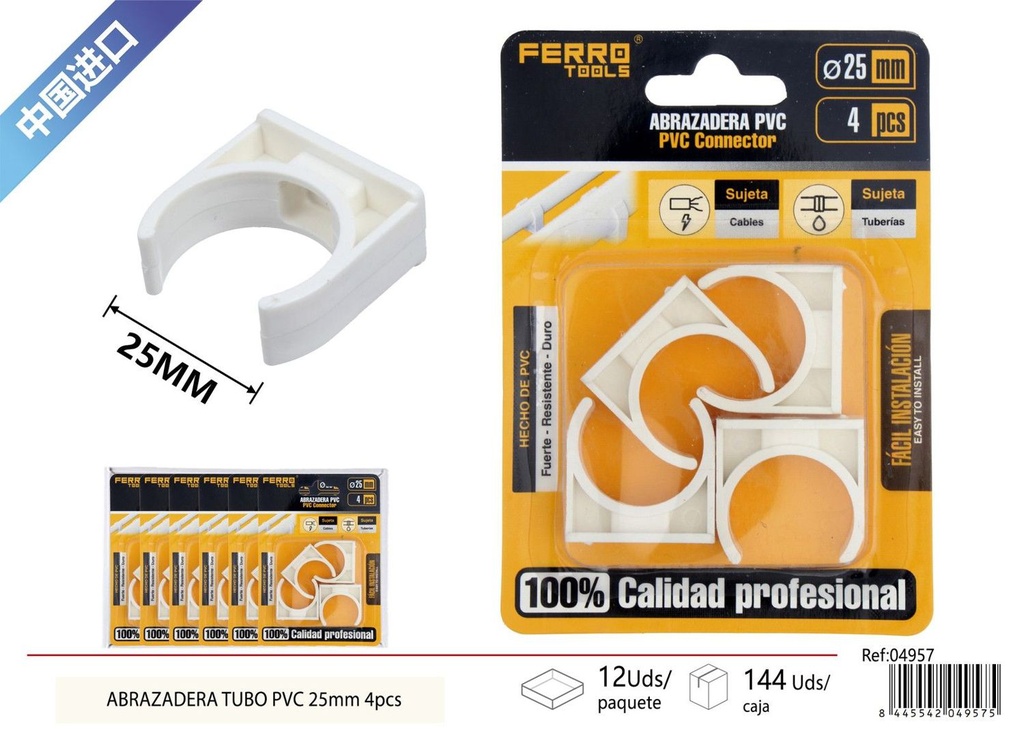 Abrazadera para tubo PVC 25mm 4 piezas - Accesorios de instalación eléctrica