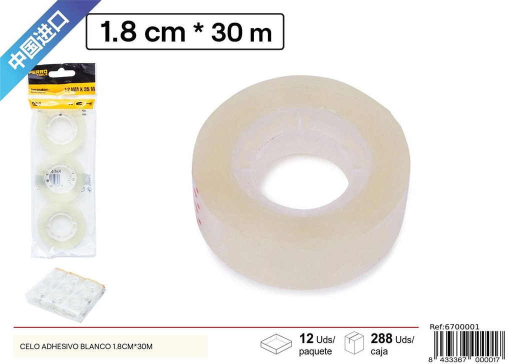 Celo adhesivo blanco 1.2 cm x 30 m - Herramientas de ferretería y manualidades