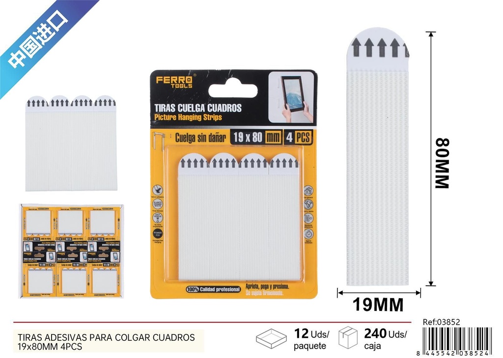 Tiras adhesivas removibles para colgar cuadros 19x80mm 4 pcs - Accesorios de ferretería