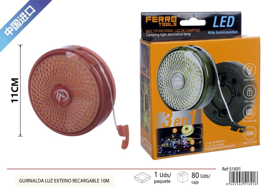 Guirnalda luz exterior recargable 10m - Electrónica y luces