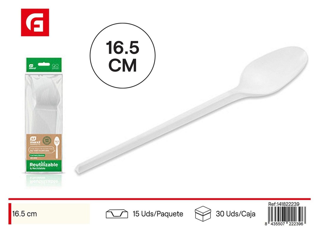 Cuchara blanca reutilizable 16.5 cm 20 uds - Utensilios desechables reutilizables