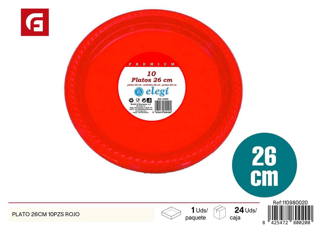 Plato redondo 26cm 10pzs rojo - Utensilios desechables