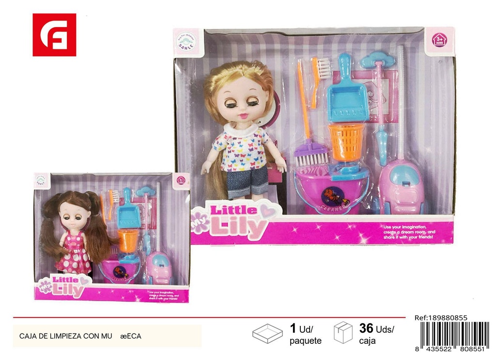 Set caja de limpieza con muñeca - Juguete de juegos de rol