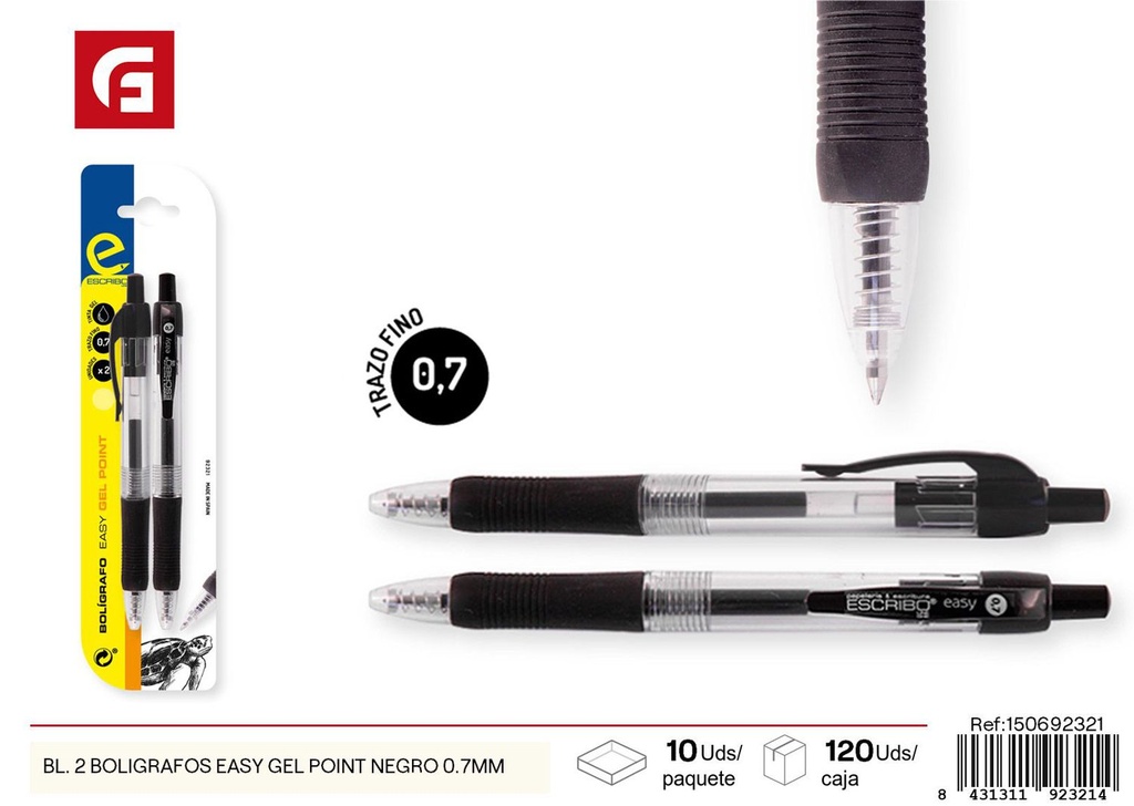 2 bolígrafos negros 0.7mm Easy Gel Point- Material escolar y escritura