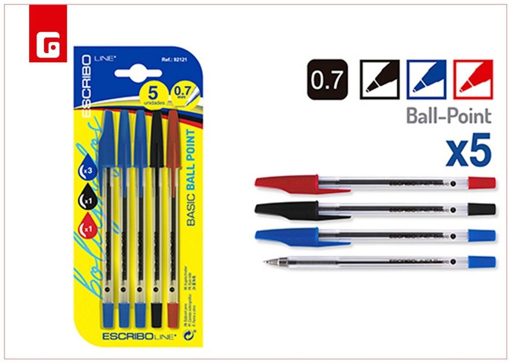 Bolígrafo básico azul/negro/rojo 0.7mm- Material escolar y escritura