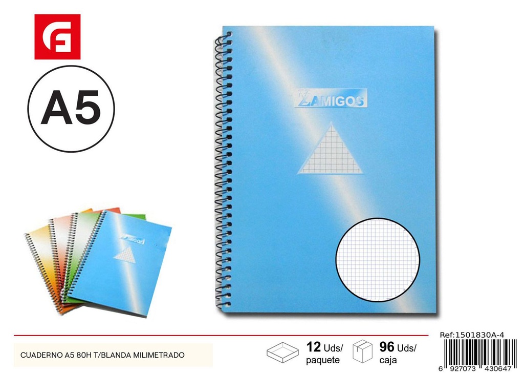 Cuaderno A5 80H tapa blanda milimetrado- Material escolar y cuadernos
