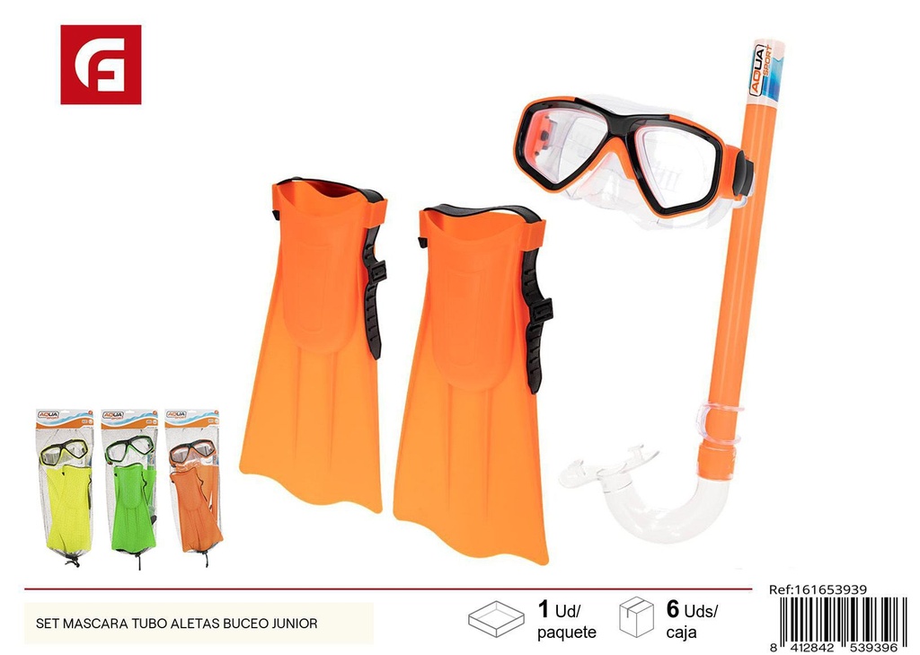 Set de máscara, tubo y aletas de buceo junior