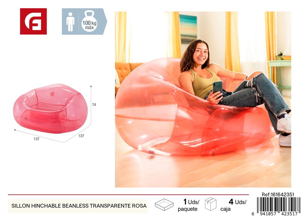 Sillón hinchable beanless transparente rosa - Accesorios flotantes