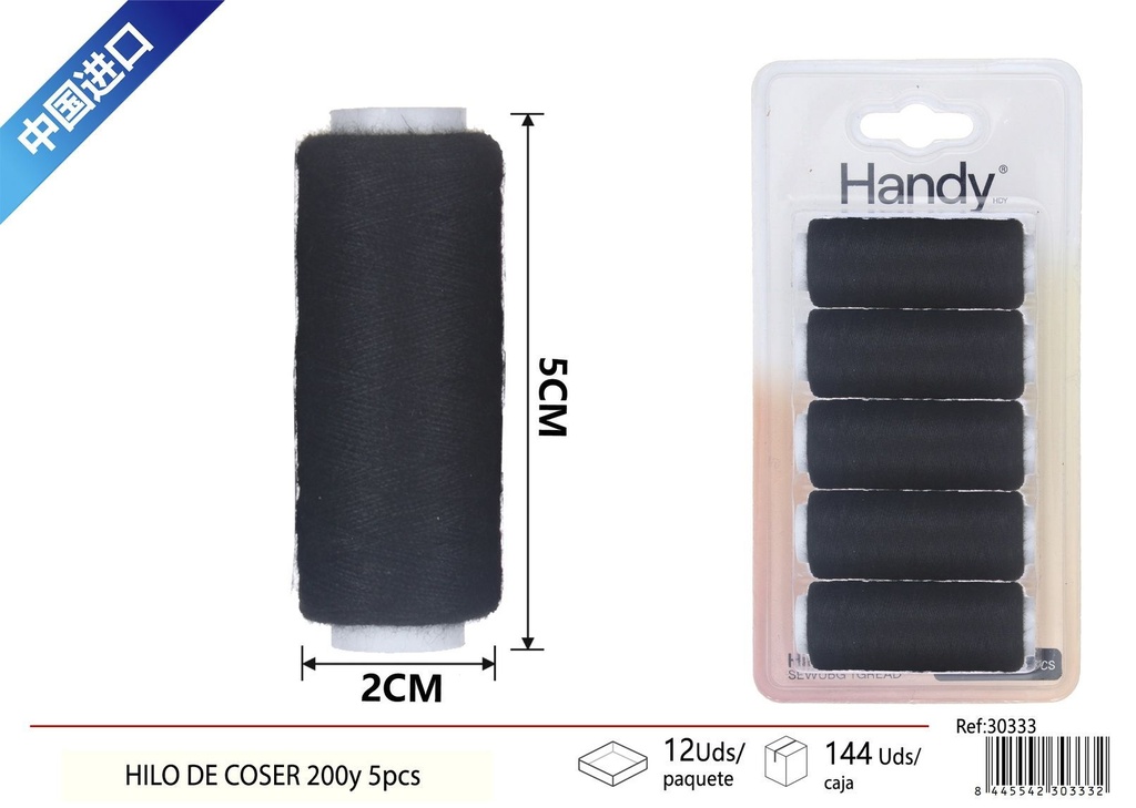 Hilo de coser negro (200 yds, pack de 5) - Accesorios de costura