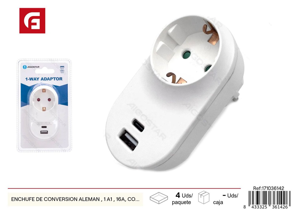 Enchufe de conversión alemán 1 a 1, 16A, con USB + Type C - Suministros eléctricos y adaptadores