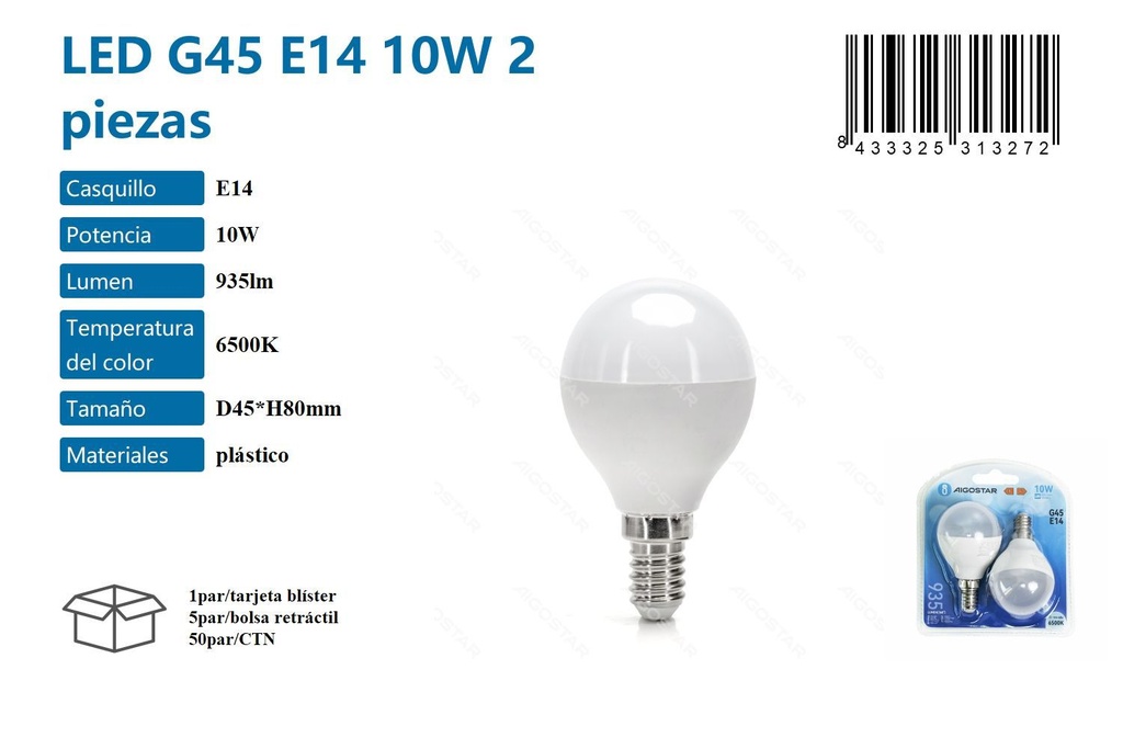 Bombilla LED G45 E14 10W 6500K (2 uds.) - Iluminación y bombillas LED