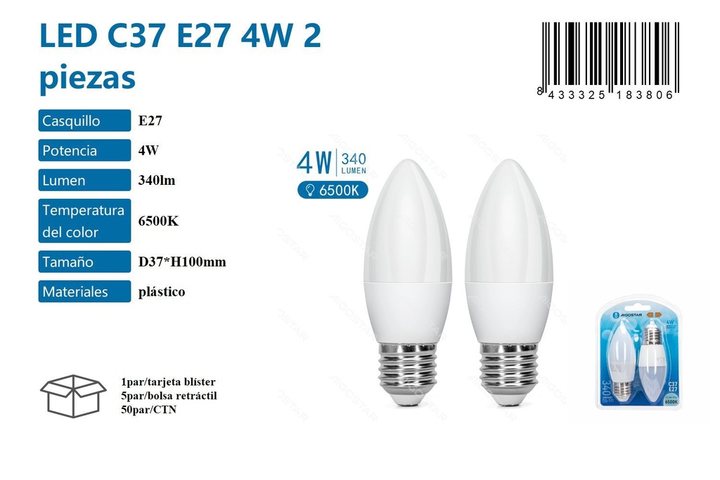Bombilla LED C37 E27 4W (2 piezas) 6500K - Iluminación y bombillas LED
