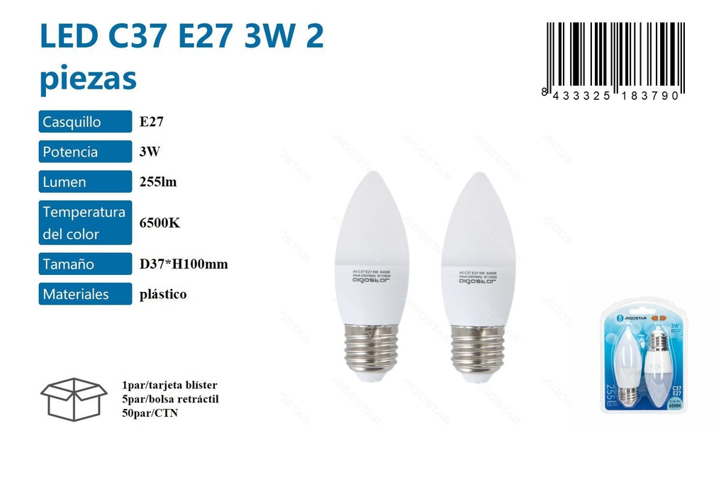 Bombilla LED C37 E27 3W 2 piezas 6500K - Iluminación LED