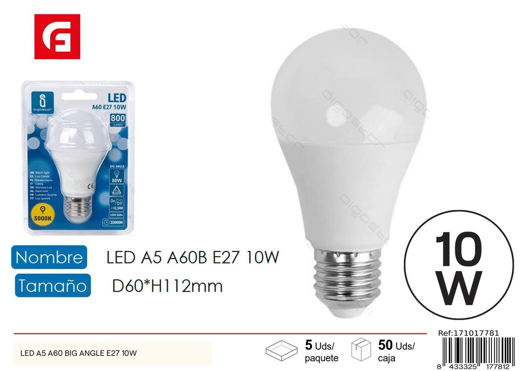 Bombilla grande LED A60 E27 10W 3000K - Iluminación LED