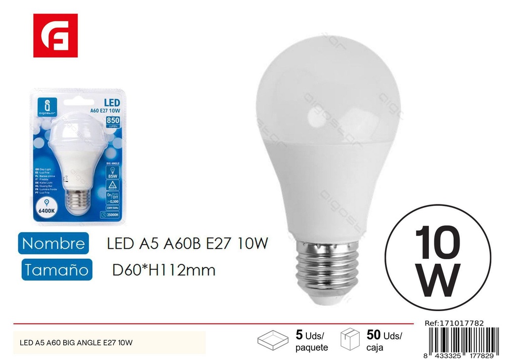 Bombilla LED A60 E27 10W 6500K - Iluminación LED