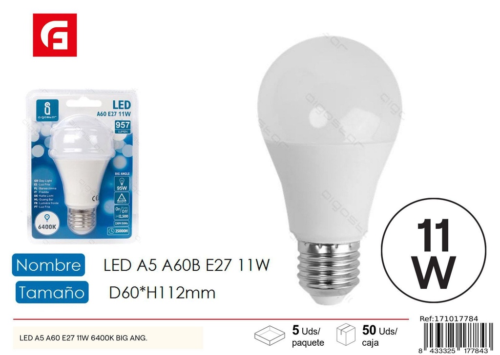 Bombilla LED A60 E27 11W 6500K - Iluminación y bombillas LED