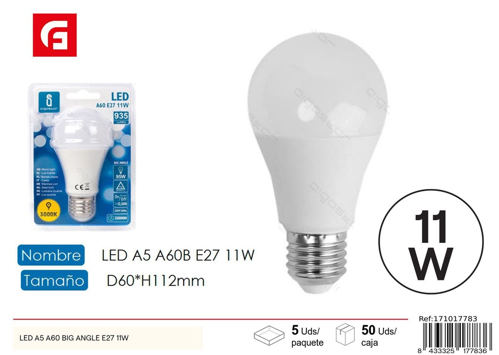 Bombilla LED A60 E27 11W 3000K - Iluminación LED