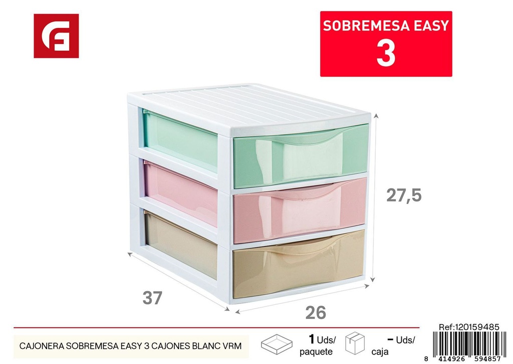 Cajonera sobremesa easy 3 cajones blanca - Plásticos para el hogar y cajoneras