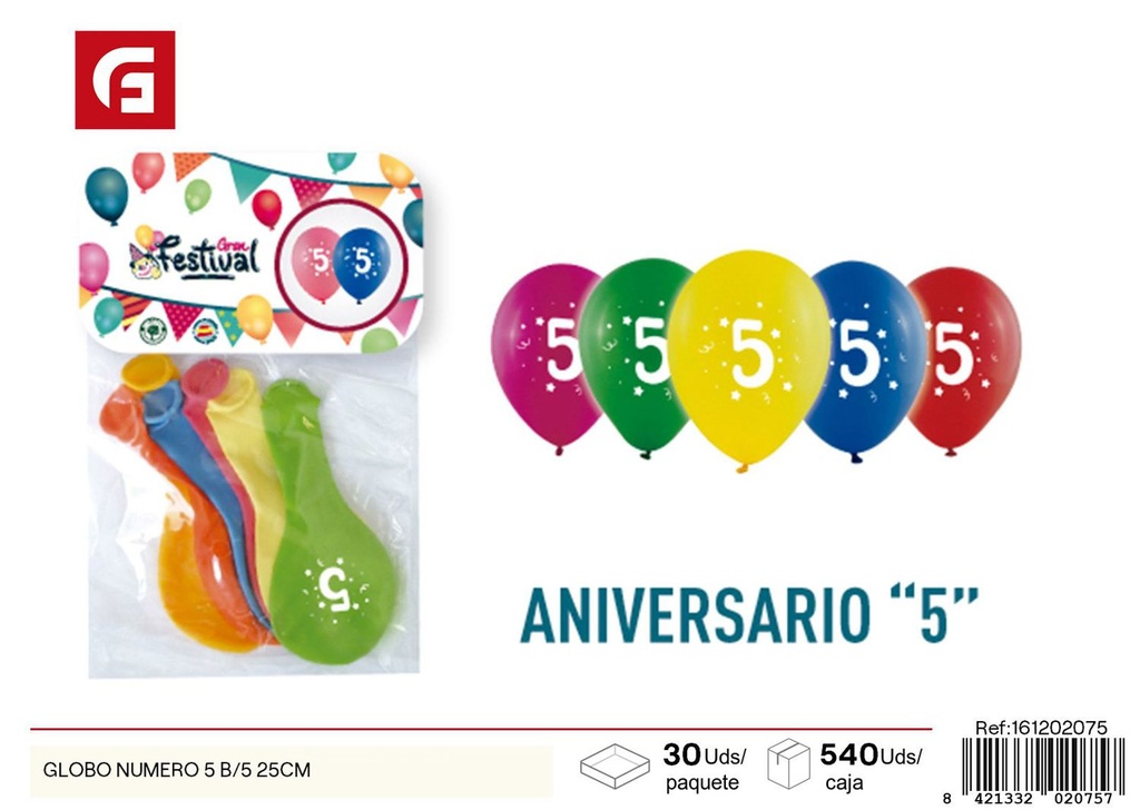 GLOBO número 5 B/5 25 cm - Artículos de fiesta y globos