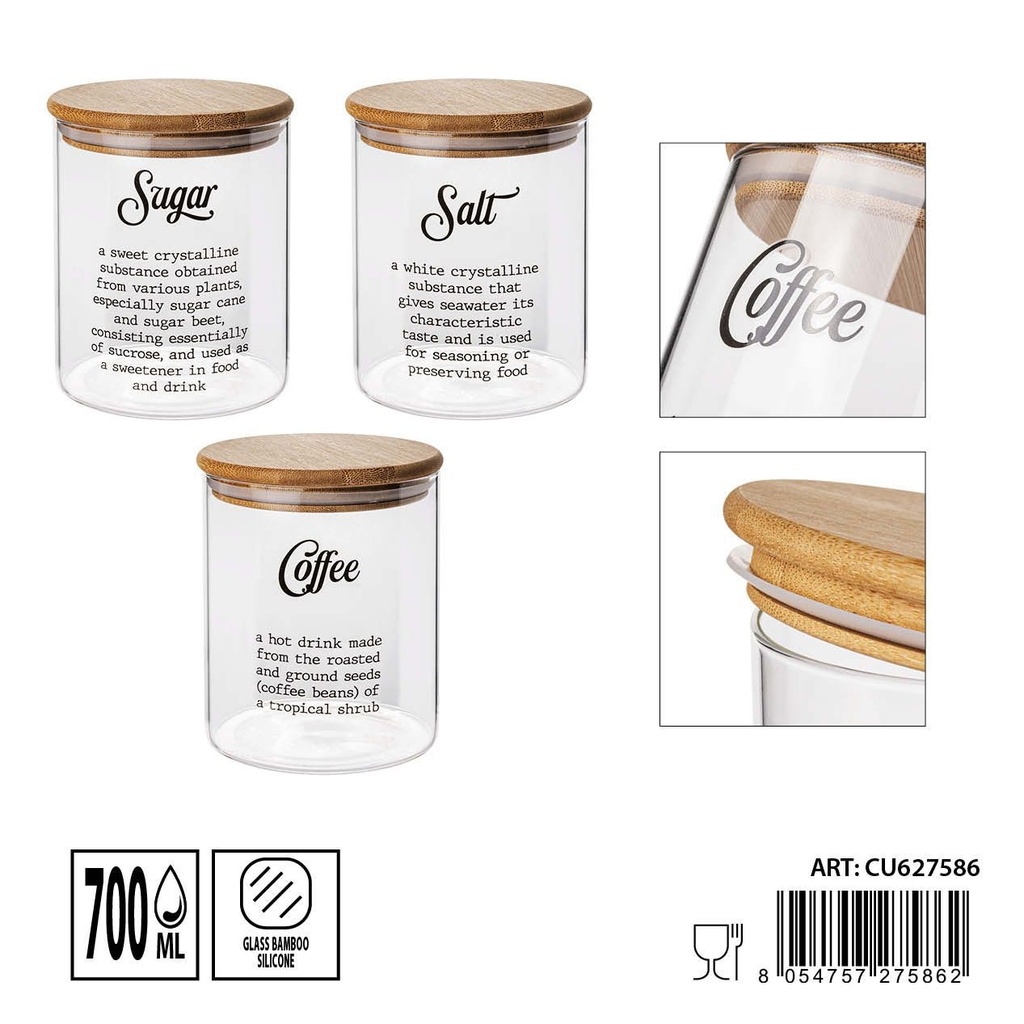 Tarro de cristal con tapa de bambú 700 ml 10.5x10.5x13 cm - Accesorios de almacenamiento