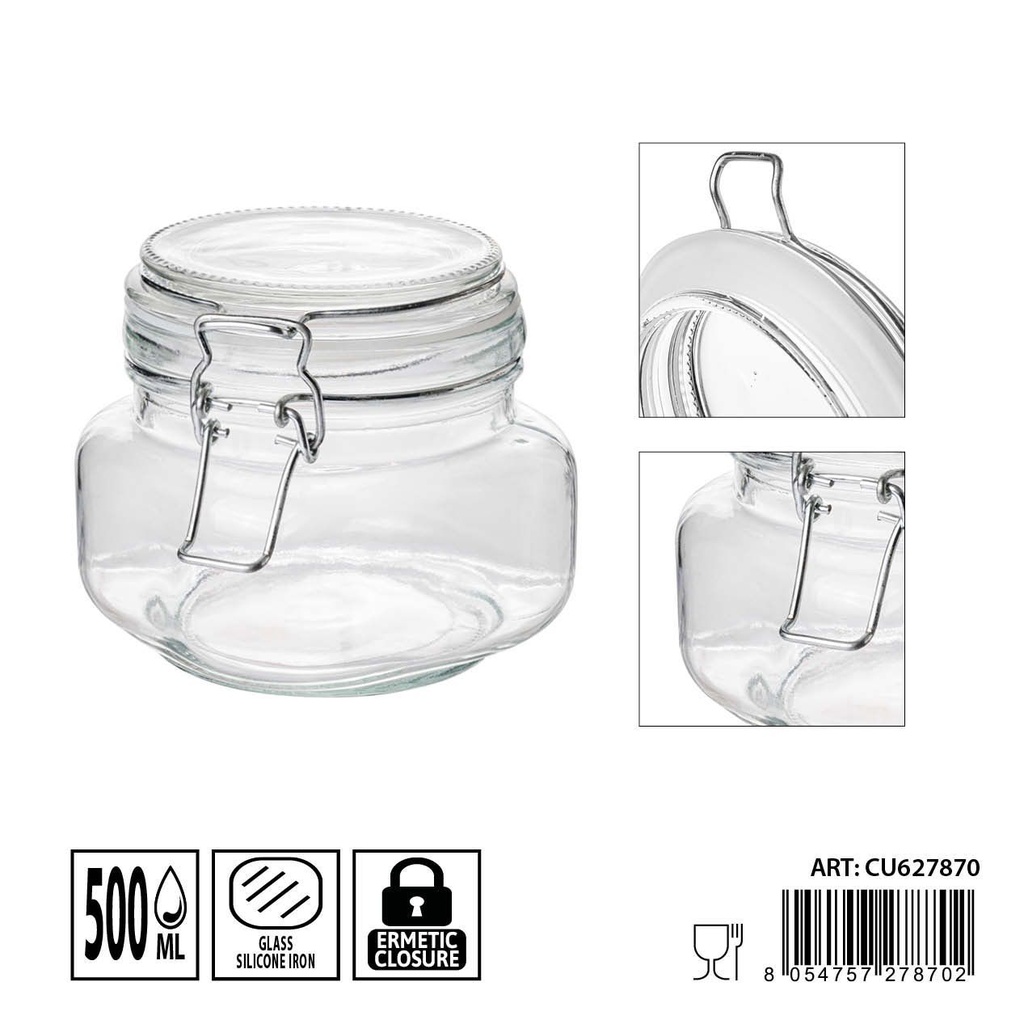 Tarro de cristal hermético 500 ml - Almacenamiento y conservación de alimentos (11x11 cm)