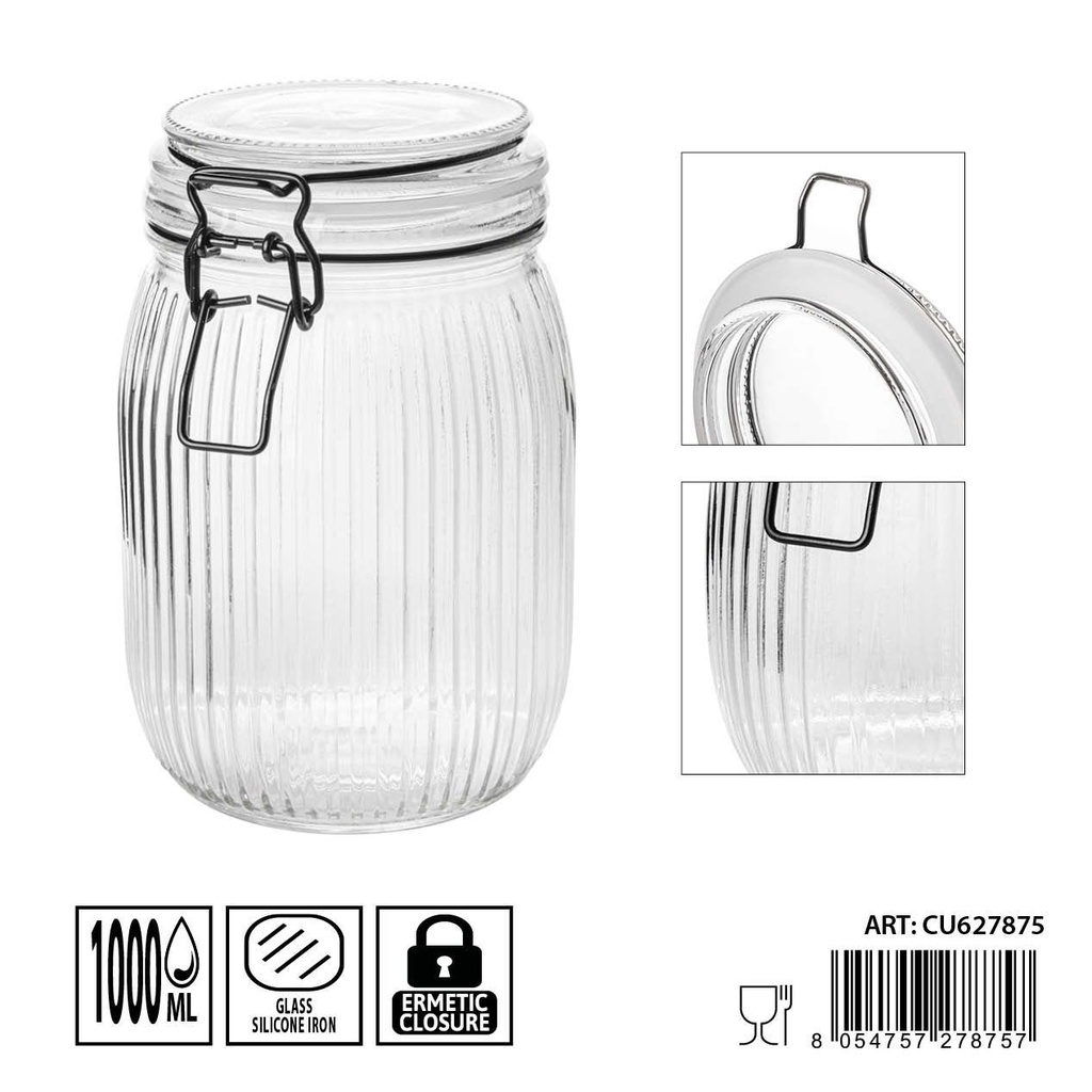 Tarro de cristal hermético 1L - Almacenamiento y conservación de alimentos (11.3x11.3x15.3 cm)